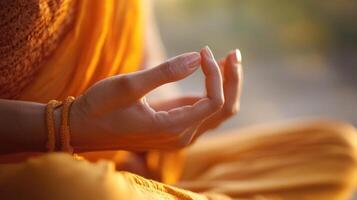 Close-up view of a person's hands in meditation pose q photo