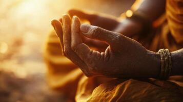 Closeup of hands in meditation posture, bathed in golden light. photo