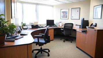 Modern, well-lit office space with corner desk setup. photo