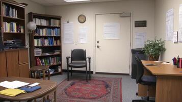 Small office space with bookshelves and a rug. photo