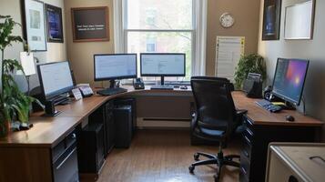 Cozy corner office with multiple computer screens. photo