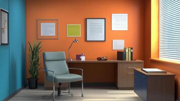 A digitally rendered interior office space with vibrant colors. photo