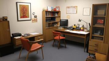 Small, minimalist office space with mid-century modern furniture. photo