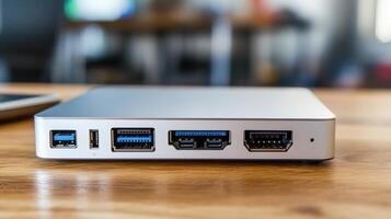 Close-up of a modern computer device's back panel. photo