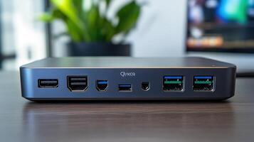 A modern, compact device with multiple ports, seen from the back. photo