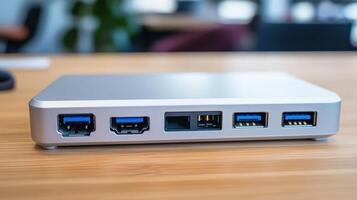 Close-up view of a metallic computer enclosure with ports. photo