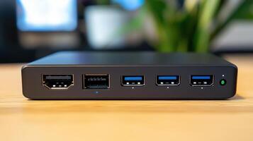 Close-up view of a modern device's rear panel with multiple ports. photo