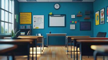 Modern classroom interior design rendering with wooden tables. photo