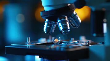 Close-up view of a laboratory microscope focusing on a small specimen. photo