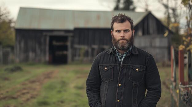 Bearded Man Stands Before Rustic Barn photo