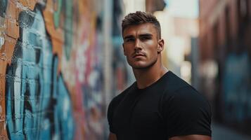 Young Muscular Man Posing Against Graffiti Wall photo