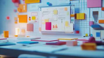 Brightly colored workspace with digital display and sticky notes. photo