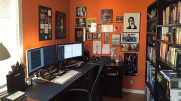 Home office corner with orange walls and colorful displays. photo
