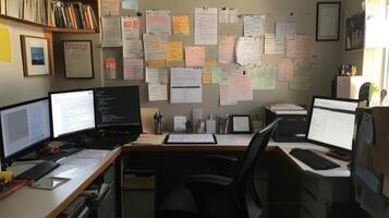 A well-organized home office workspace with multiple monitors. photo