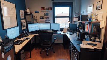 Organized home office workspace with multiple computer monitors. photo