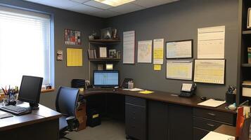 A well-organized corner office space with gray walls. photo