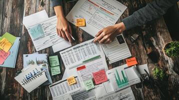 Busy workspace displaying documents and notes. photo
