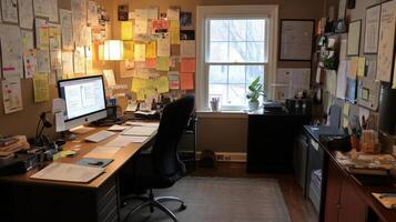 Home office space with a busy wall of notices. photo