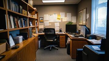 A small, functional office space, well-organized with wooden furniture. photo