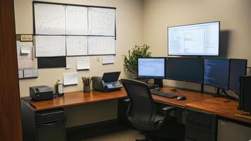 Modern office workspace corner with multiple displays. photo