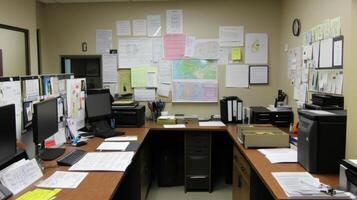 A cluttered office workspace with papers and equipment. photo
