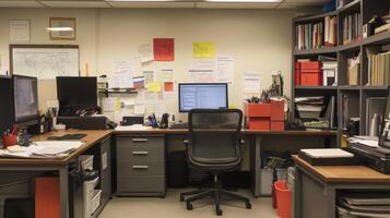 Organized clutter in a well-lit office workspace. photo