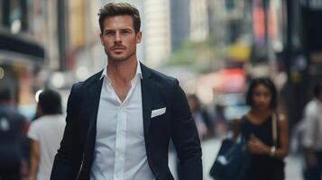 Man in Suit Walking City Street Stylishly Dressed z photo