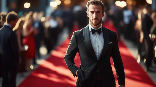 Man in tuxedo walks red carpet event photo