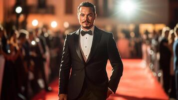 Man in tuxedo walks a red carpet at an awards event photo