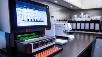 Modern laboratory equipment on a dark work surface. photo