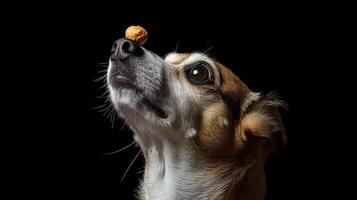 Close-up of a dog with a treat balanced on its nose. photo