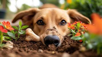 Close-up view of a dog resting in dirt with a bone. photo