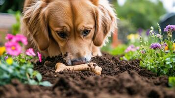Golden retriever dog enjoying a treat buried in the ground. photo