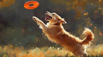 Playful golden dog leaping for a flying disc. photo