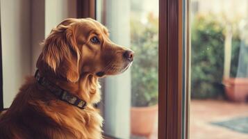 Golden retriever dog looking out window at outdoor scenery. photo