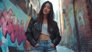 Woman Posing in Leather Jacket Urban Alleyway photo