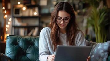 Focused young person using a tablet in a living room. photo