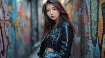 Young Woman Posing In Graffiti Alley Wearing Leather Jacket photo