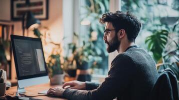 Focused programmer working at a computer in a modern home office. photo