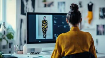 Focused designer edits fashion design on computer screen. photo