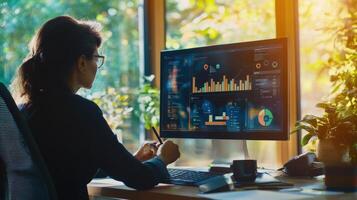 Woman analyzing data on a computer screen in a home office. photo