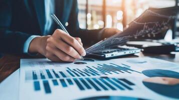 Close-up view of a person reviewing business graphs and charts. photo