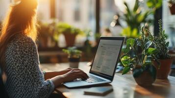 Sunlight streams on a woman working on a laptop in a cafe. photo