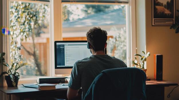A person working from home by a window. photo