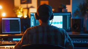 Person engrossed in audio production work in a home . photo