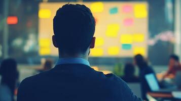 Rear view of a person listening to a presentation. photo