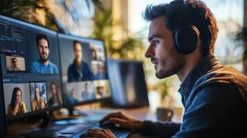 Focused individual working from home on multiple calls. photo