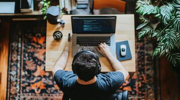 Overhead view of person working on laptop at home office. photo
