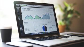 Modern laptop displaying financial data charts and graphs. photo