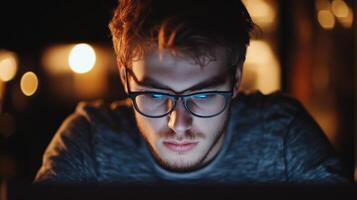 Close-up portrait of a focused person engrossed in a laptop. photo